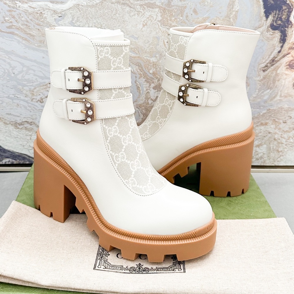 New! Gucci Kensington GG Supreme Monogram  Double Buckle Leather Ankle Boots - Picture 9 of 11